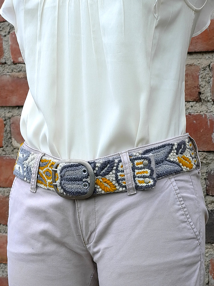 Wool embroidered belt Monochromatic Yellow Gray