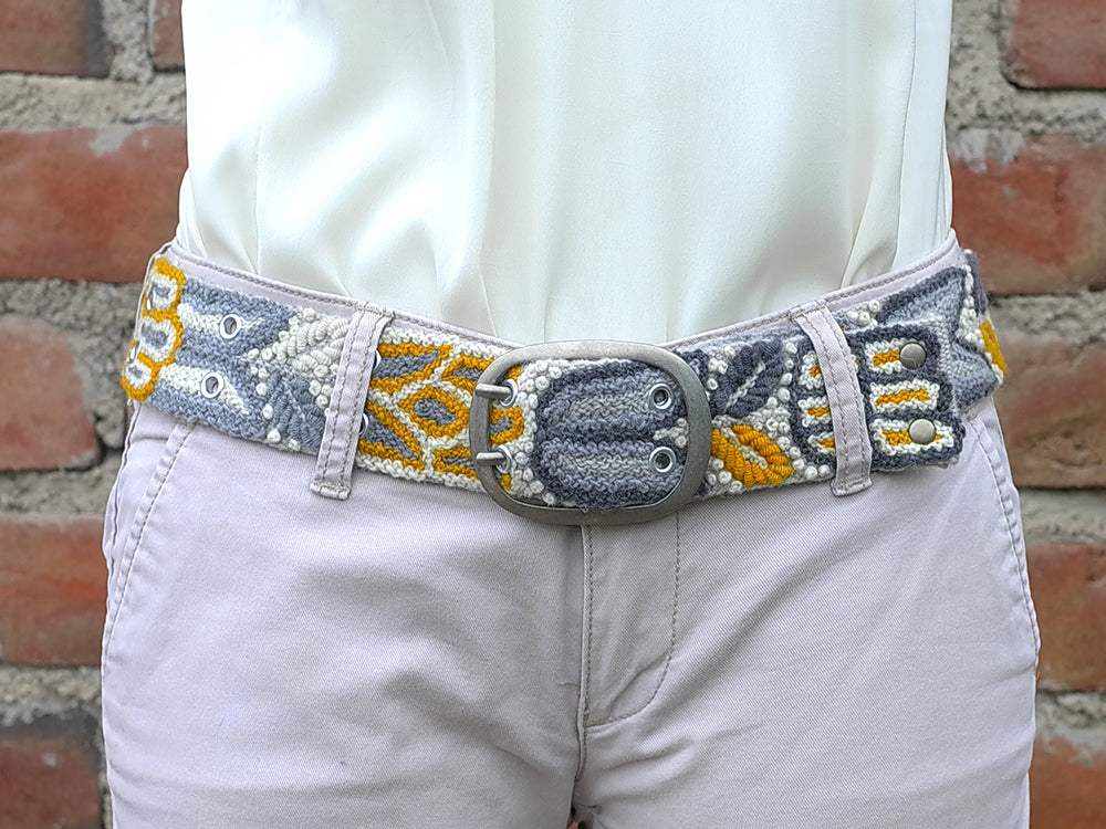 Wool embroidered belt Monochromatic Yellow Gray